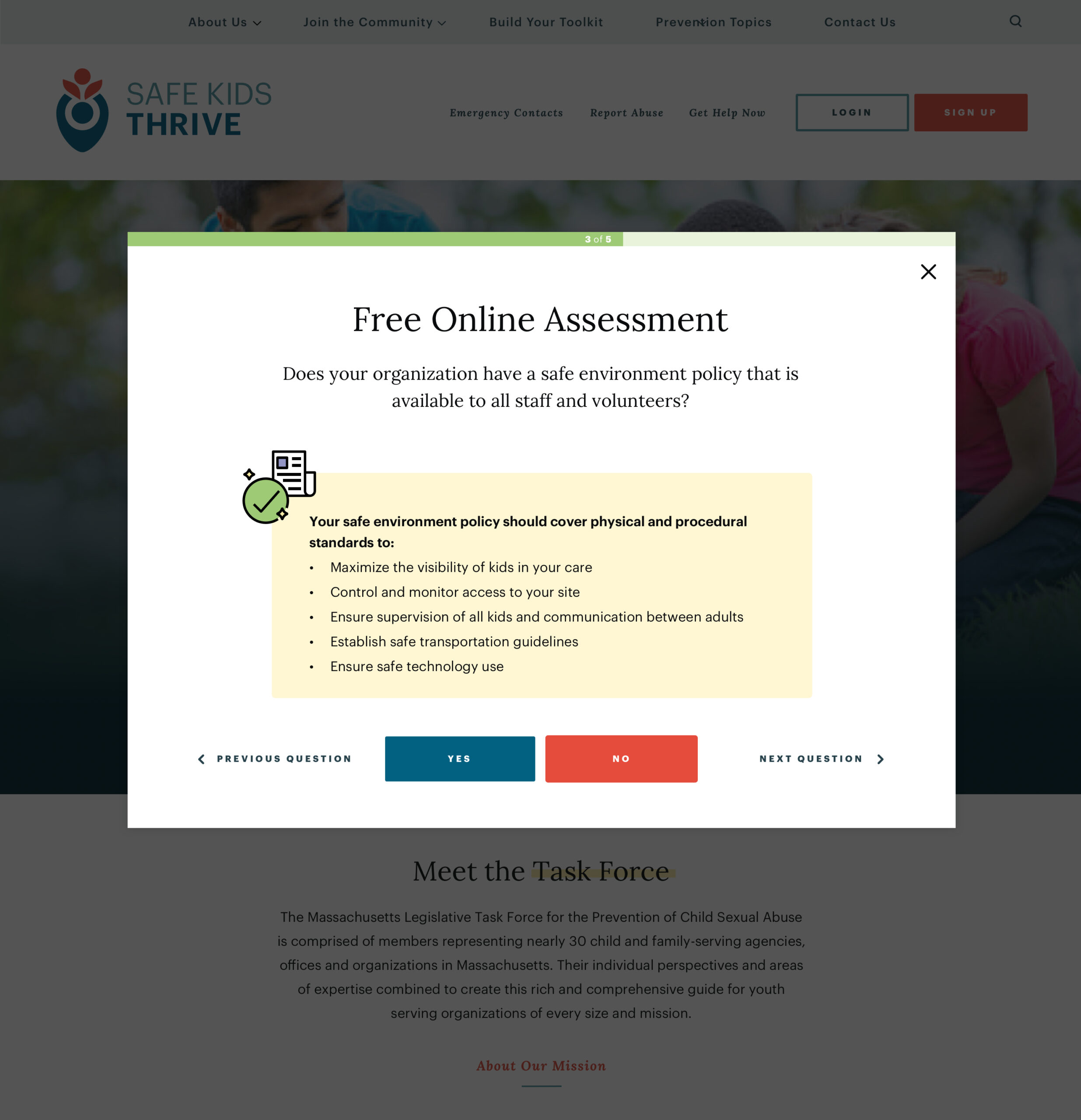 A pop-up on the Safe Kids Thrive website offers a free online assessment about safe environment policies for kids. It lists standards such as visibility, access control, and safe technology use. Options to answer 'Yes' or 'No' and navigation for questions are below. The background shows 'Meet the Task Force' text.