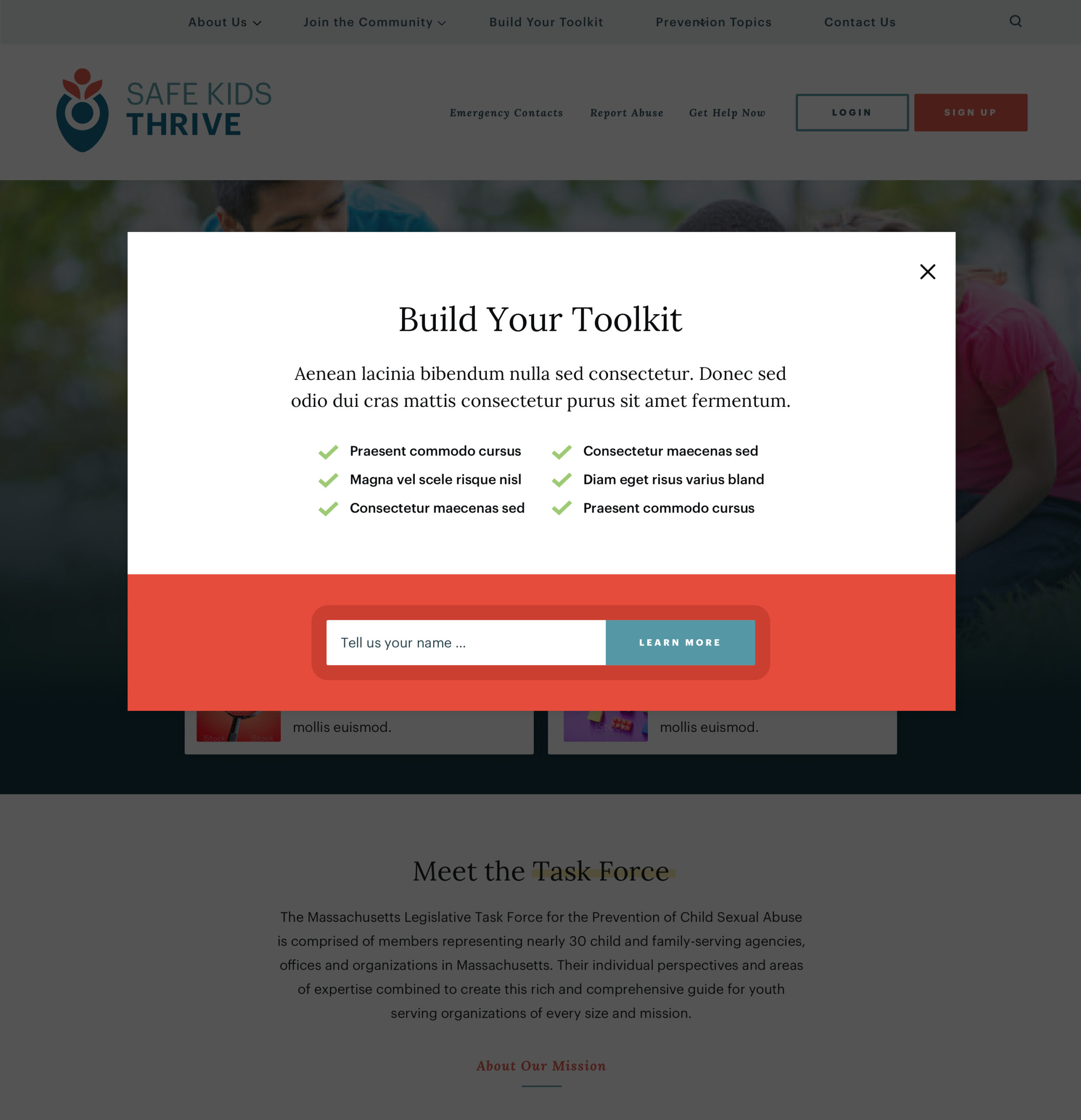 Pop-up overlay on website reads "Build Your Toolkit" with placeholder text and checklist. Background shows blurred website header for "Safe Kids Thrive."