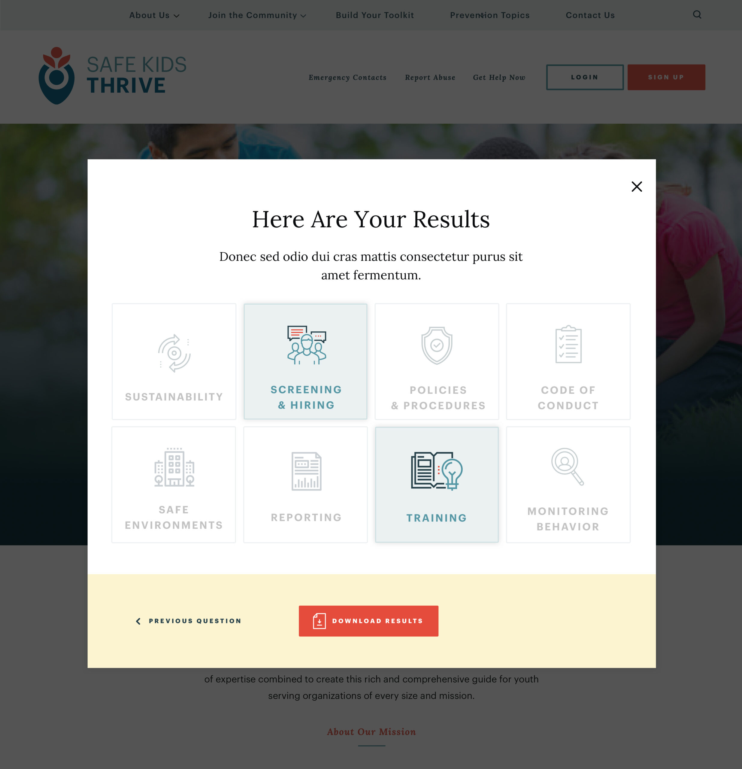 Popup window with "Here Are Your Results" text, showing categories like "Screening & Hiring" and "Training." A "Download Results" button is below.