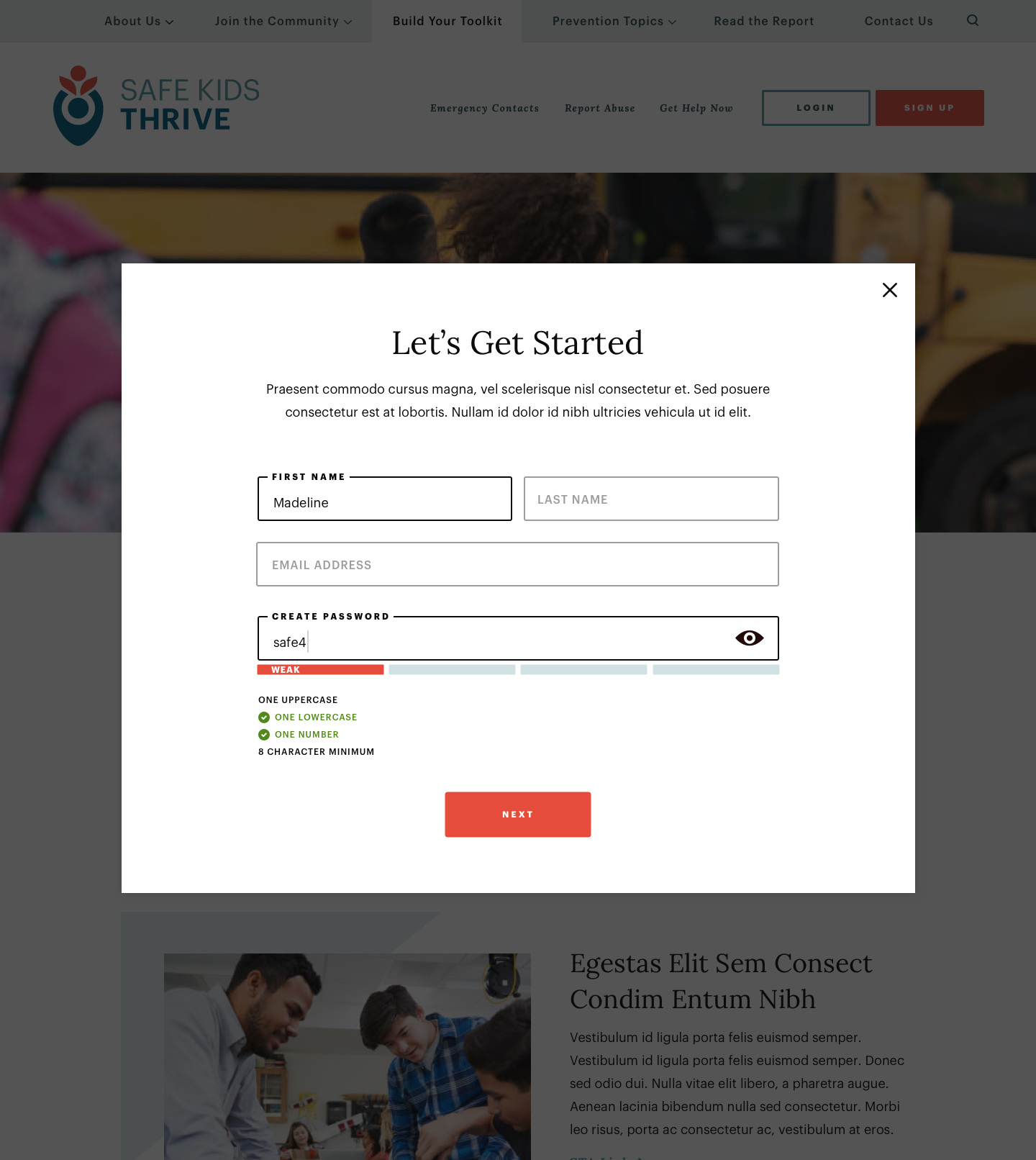Sign-up form overlay titled "Let's Get Started" on the Safe Kids Thrive website. Fields include name, email, and password with feedback on strength.