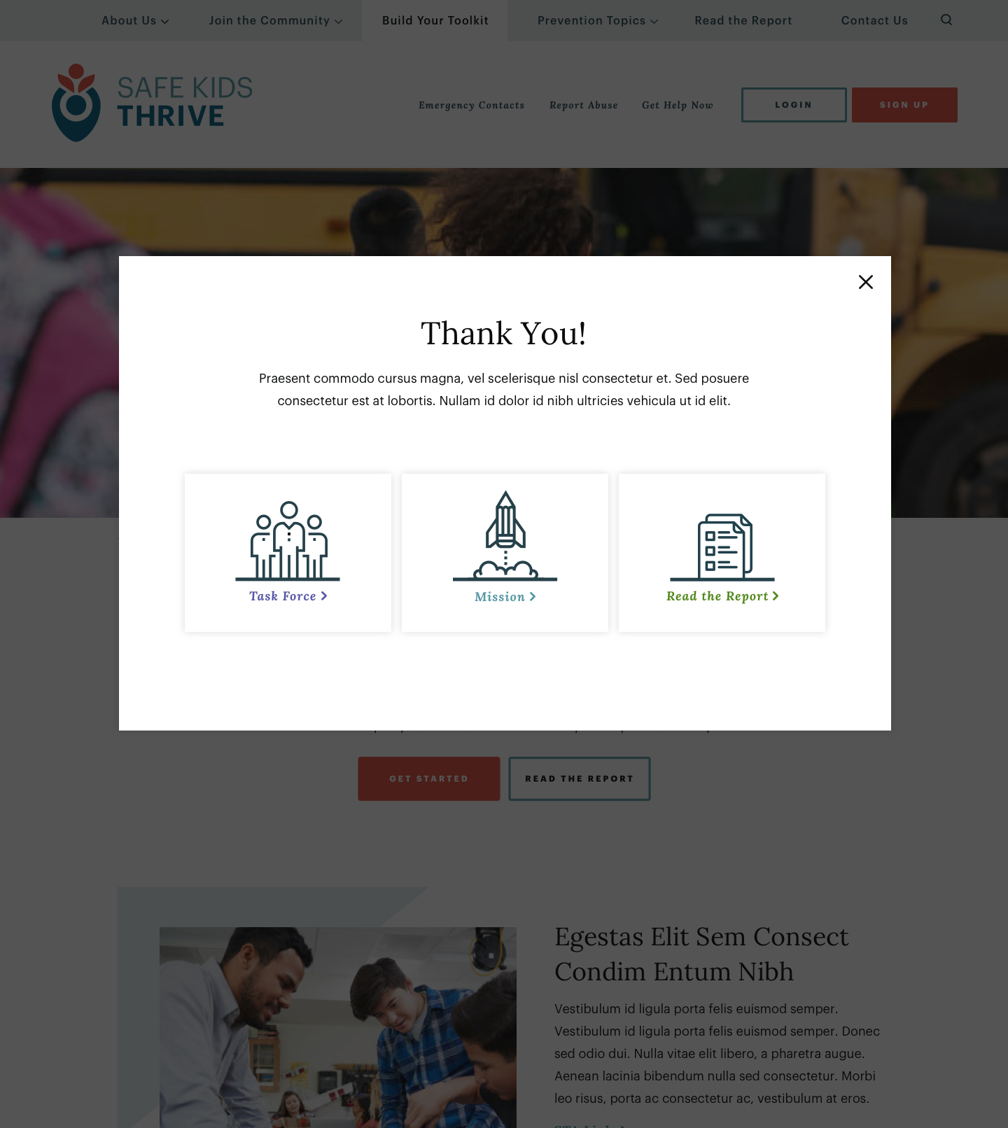 Popup message with "Thank You!" headline overlaid on a website. Buttons for "Task Force", "Mission", "Read the Report" below. Safe Kids Thrive branding visible.
