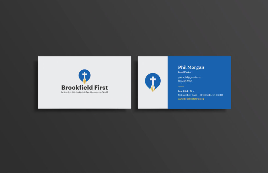 Business cards for "Brookfield First." Left card: white with logo and name. Right card: blue and white, with contact details for Phil Morgan.