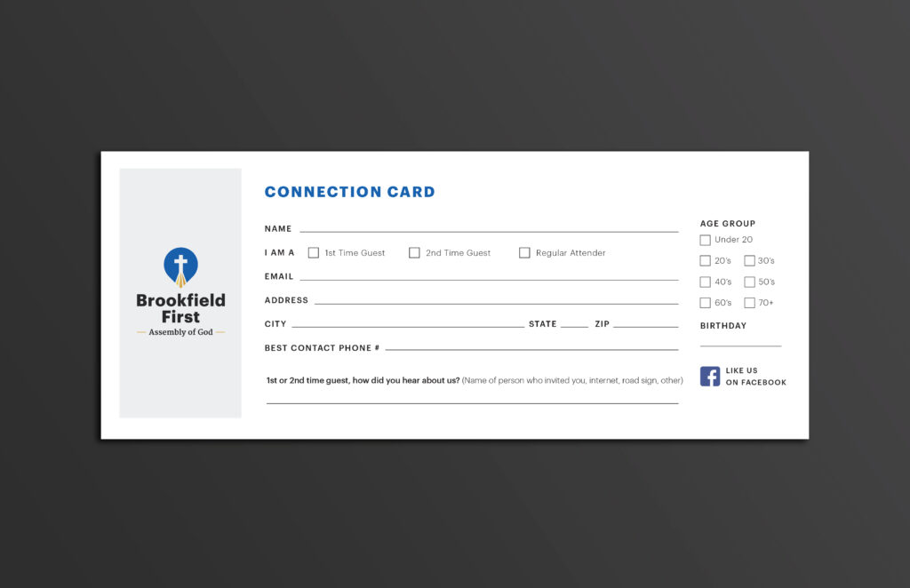 Brookfield First connection card with sections for name, email, address, contact info, age group, and event attendance. Includes Facebook icon.