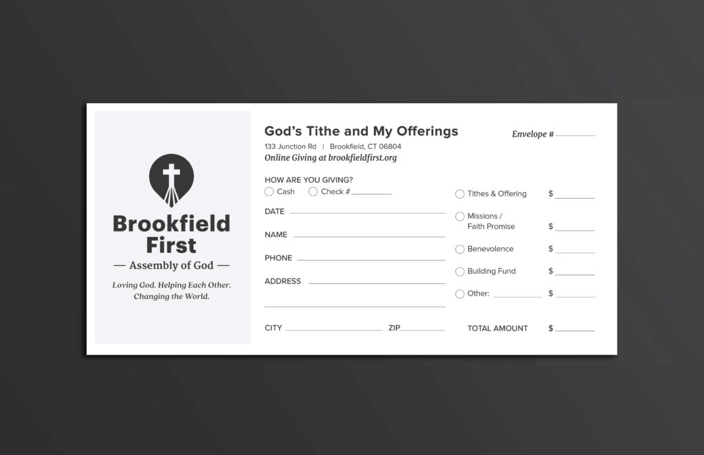 Church offering envelope for "Brookfield First Assembly of God." Includes giving options, contact fields, and amounts for tithes, offerings, and funds.