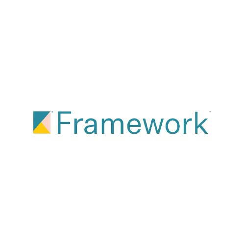 Logo displaying the word "Framework" in teal beside a square symbol divided diagonally into yellow and teal triangles, set on a white background.