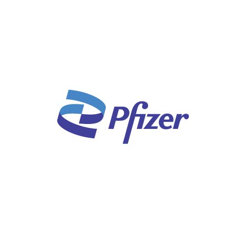 Blue Pfizer logo featuring a stylized DNA strand design on the left and the word "Pfizer" in blue on the right, symbolizing healthcare innovation.