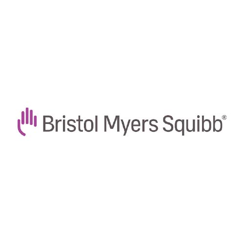 Logo of Bristol Myers Squibb featuring a stylized purple hand design to the left, with the company name in gray text. The tone is professional and modern.