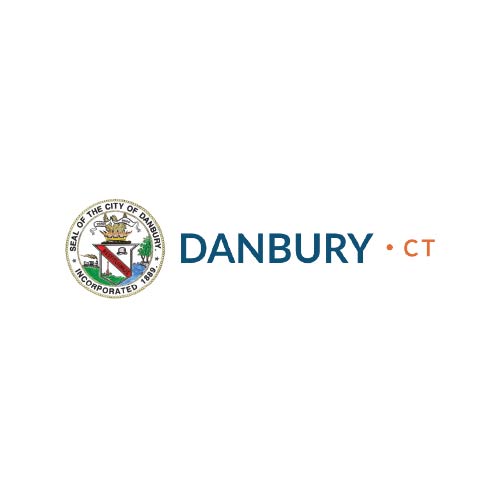 Seal of Danbury, Connecticut, featuring a shield with a white background and text "Seal of the City of Danbury," beside bold text "DANBURY • CT."