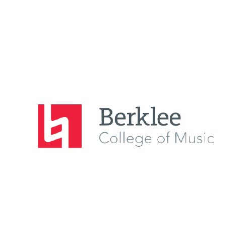 Red and white abstract logo next to the text "Berklee College of Music" in gray. The design is modern and conveys a professional, artistic tone.