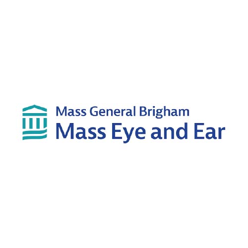 Logo of Mass General Brigham Mass Eye and Ear. Features a stylized teal building icon on the left with blue text to the right on a white background.