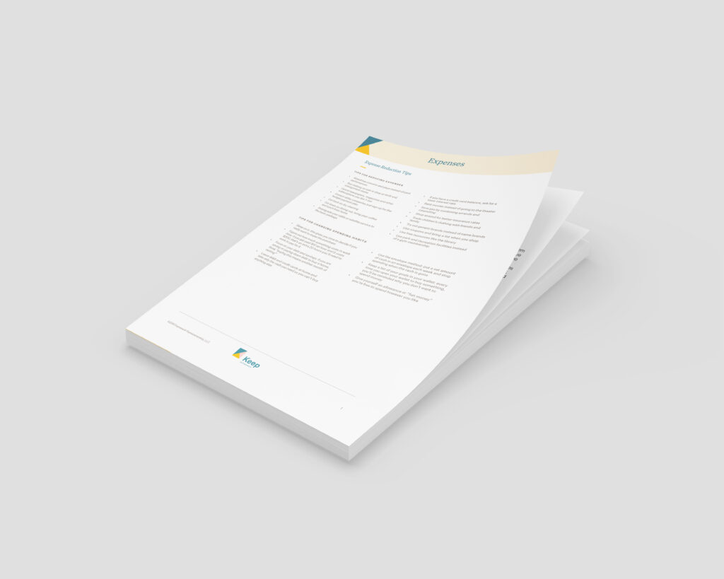 A neatly stacked pile of white papers on a gray surface, featuring a company logo and textual content, giving a professional and organized feel.