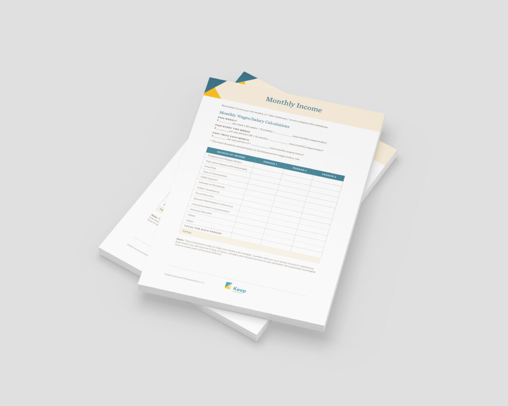 Stack of documents on a light background titled "Monthly Income" with a data table. Professional, organized layout with blue and beige accents.