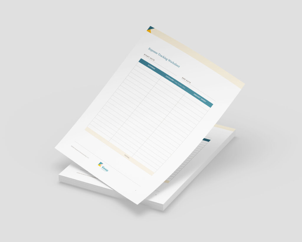 A stack of two "Expense Tracker Worksheet" sheets is shown. The top sheet features a table with columns labeled "Date," "Item," "Category," and "Amount."
